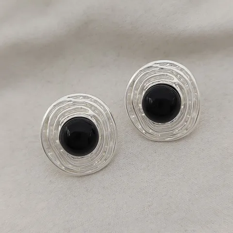Boucles d'Oreilles Clous Vintage Françaises à Texture Irrégulière Agate Noire Ronde Avec Tige en Argent Sterling 925 Bijoux en Alliage Pour Femme