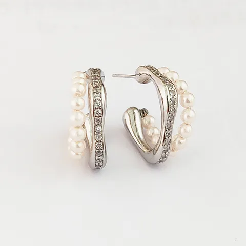 Elégantes Boucles d Oreilles Créoles en Forme de C en Cuivre Avec Strass et Perles Artificielles Avec Tige en Argent Sterling 925 pour Femme