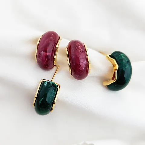 Boucles d'Oreilles C en Laiton Plaqué Or Résine Vintage Français Avec Tige en Argent Sterling 925 Boucles d'Oreilles Créoles Géométriques pour Femmes