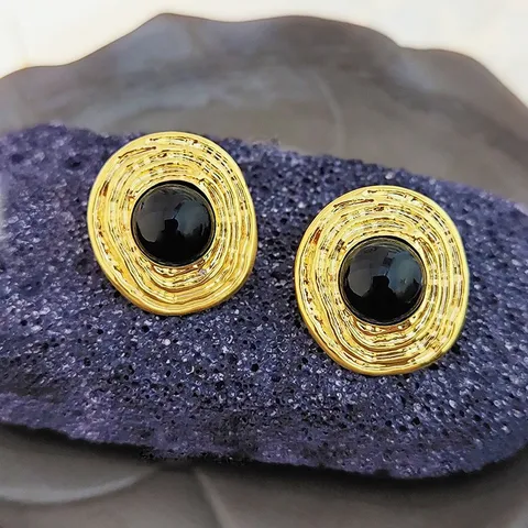 Boucles d'Oreilles Clous Vintage Françaises à Texture Irrégulière Agate Noire Ronde Avec Tige en Argent Sterling 925 Bijoux en Alliage Pour Femme