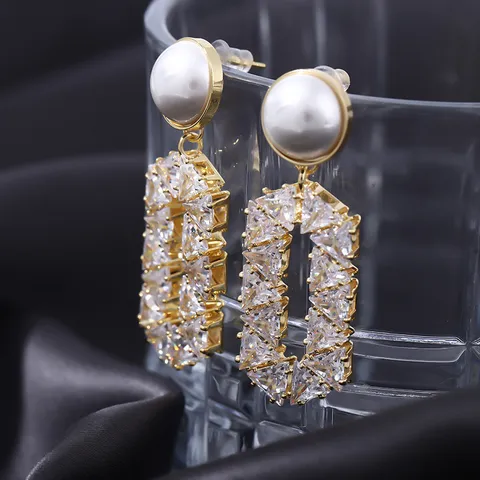Boucles d'oreilles Pendantes Géométriques en Zirconia pour Femmes Boucles d'oreilles Perles Artificielles Plaqué Or Avec Tige Argent 925