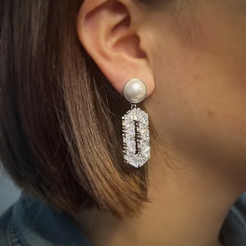Boucles d'oreilles Pendantes Géométriques en Zirconia pour Femmes Boucles d'oreilles Perles Artificielles Plaqué Or Avec Tige Argent 925