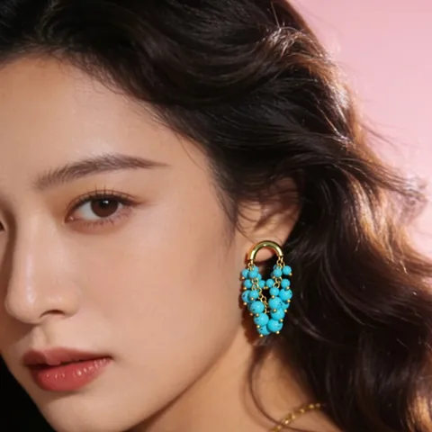 Boucles d'Oreilles Pendantes de Luxe Français Vintage Avec Tige en Argent Sterling 925 Cuivre Plaqué Or Perles Turquoise