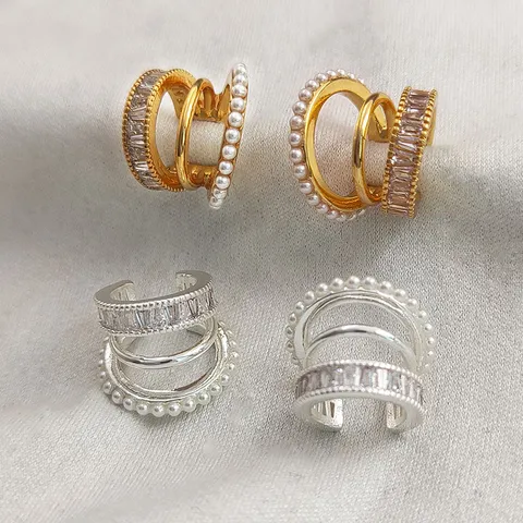 Manchette d'Oreille Minimaliste en Alliage Perle Artificielle Strass pour Femme Triple Couche Boucles d'Oreilles Sans Percage