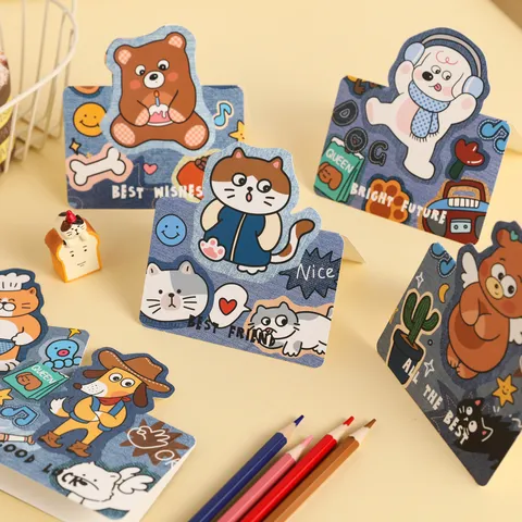 Style Denim Dessin Animé Animal Carte de Vœux Ensemble Mignon Ours Chat Chien Cartes de Vœux Pour Saint Valentin Fête Cadeau