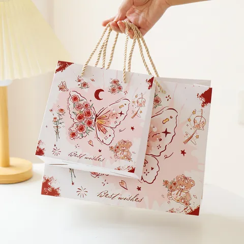 Valentine's Day Gift Bag Retro Rose Butterfly Bear Pattern White Cardboard Paper Bag With Handle For Holiday Party Favors