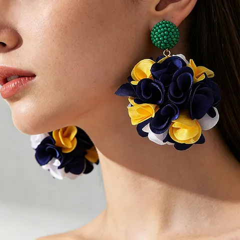 Handmade Fabric Flower Ball Dangle Earrings For Women Fashion Seed Beads Stainless Steel Post Drop Earrings Vacation Jewelry Gift