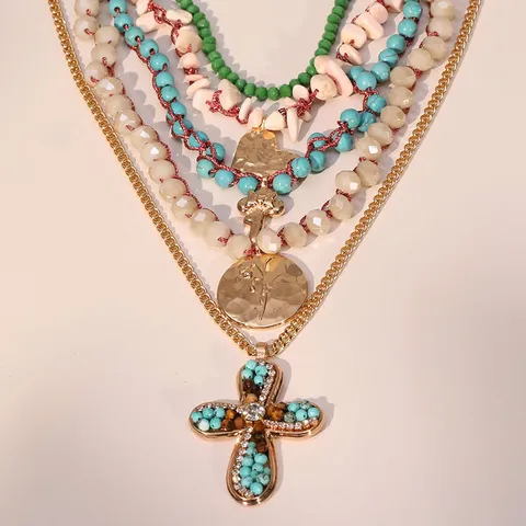 Bohemian Vintage Multi-layer Necklace Set Alloy Rhinestone Natural Stone Cross Heart Pendant Necklaces For Women Jewelry
