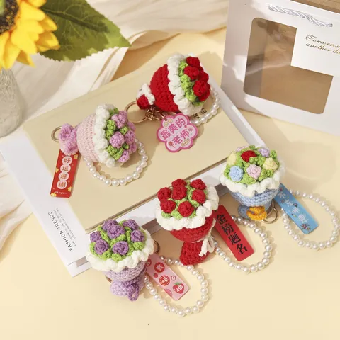 Handgehäkelt Wolle Blumenstrauß Schlüsselanhänger Zinklegierung Künstliche Perle Lehrer Tag Geschenk Für Damen Lehrer