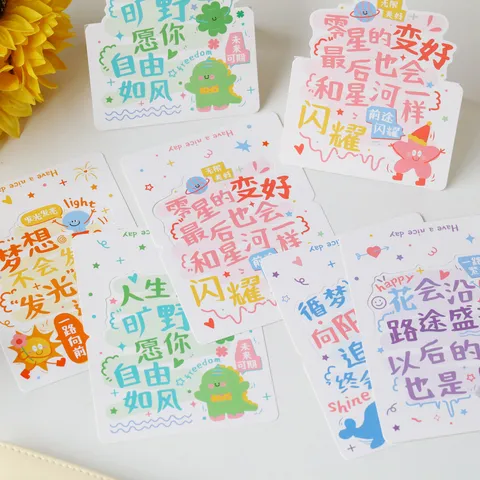Inspirierende Text Grußkarten Set Dreidimensionale Mini Cartoon Geschenkkarten Schulzeit Blumen Bäckerei Dekoration Handgezeichneter Stil