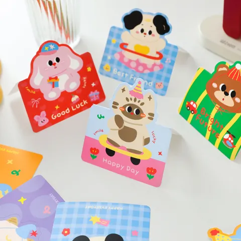 Cartoon Animal Folded Greeting Card For Birthday Holiday Blessing Cute Small Message Cards Stationery Printed Cardboard