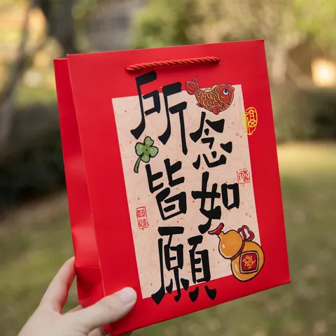 Chinesischer Stil Rote Neujahr Papier Geschenktüte Mit Griff Segen Kalligraphie Bedruckte Festliche Verpackung Tragetasche Für Feste Geburtstag