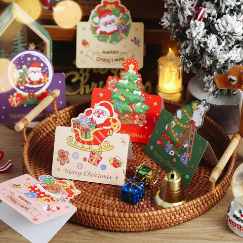 Christmas 3D Pop Up Greeting Cards Cartoon Cute Mini Hand Written Blessing Message Blessing Cards Pack For Kids Holiday Supplies