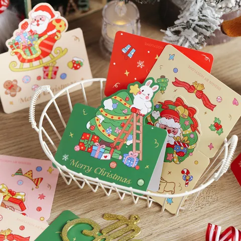 Christmas 3D Pop Up Greeting Cards Cartoon Cute Mini Hand Written Blessing Message Blessing Cards Pack For Kids Holiday Supplies