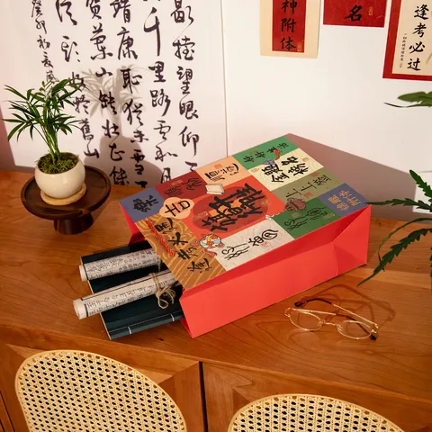Retro Chinese Stijl Handgeschilderde Wit Karton Geschenkzak Traditionele Kalligraphie Zegen Kleurblok Feest Verpakking Handvat Tas Voor Graduatie Banket