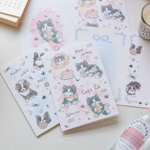Süße Handgezeichnete Katze Hund Illustration Grußkarten Faltbare Postkarten Geschenkkarten Romantische Schmetterling Rose Literarische Papier Mitteilungskarten Für Freunde