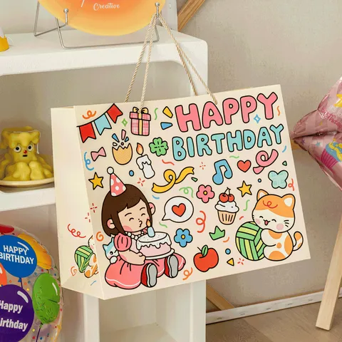 Cute Cartoon Birthday Gift Bag Large Capacity White Cardboard Handbag For Shoes Box Birthday Party Favor Bag For Kids