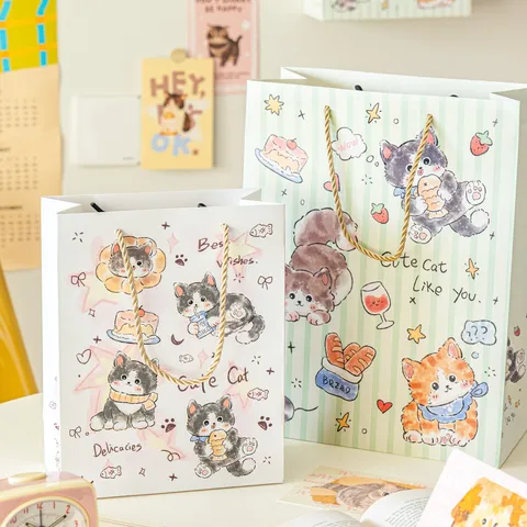 Süße Cartoon Katze Geschenktüten Weißer Karton Handtaschen Mit Griffen Für Geburtstag Party Geschenk Verpackung