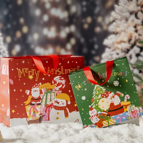 Cartoon Weihnachten Geschenktüte Mit Bandgriffen Handgemalter Weihnachtsmann Schneemann Papiertüte Für Urlaub Party Dekoration Süßigkeiten