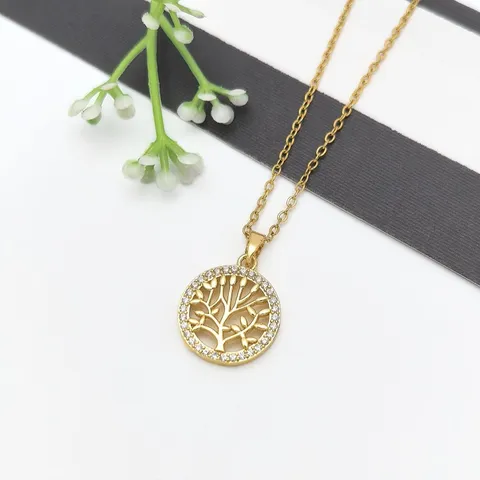 Collana con Pendente in Rame e Acciaio Inossidabile per Donna Micro Intarsio in Zirconia Cuore Albero della Vita Gioielli a Catena a Clavicola