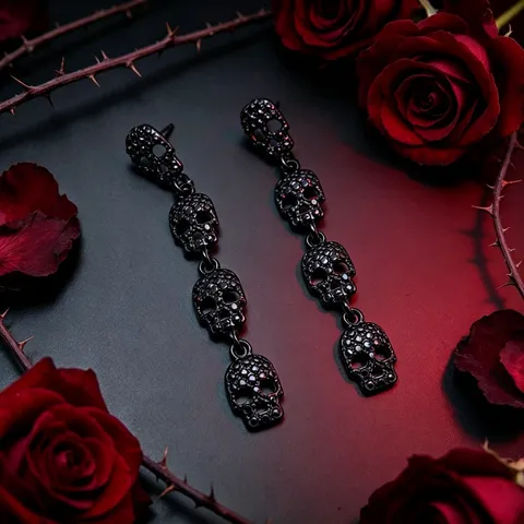 Gothische Vampir Schwarze Rose Silber Totenkopf Ohrhänger Legierung Strass Dunkle Punk Ohrringe Für Halloween Party Schmuck