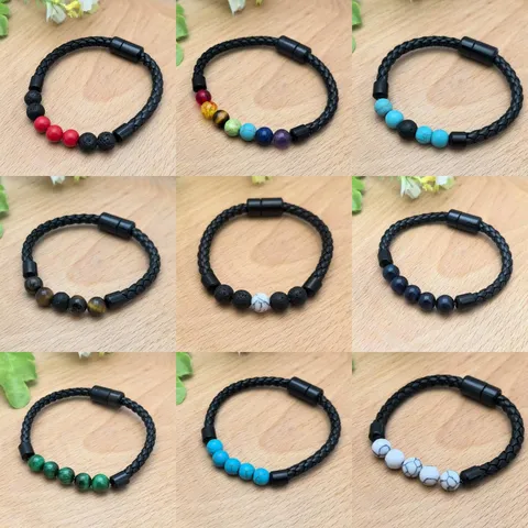 Bracciale Minimalista in Cordino di Cuoio Intrecciato Con Chiusura Magnetica Bracciale in Pietra Lavica Naturale Occhio di Tigre Gioielli Moda Unisex