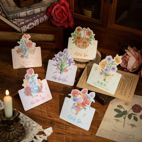 3D Flower Bouquet Greeting Card Set Vintage Hand Drawn Valentine's Day Message Card For Girlfriend Folding Paper Gift Card