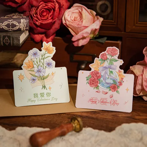 3D Flower Bouquet Greeting Card Set Vintage Hand Drawn Valentine's Day Message Card For Girlfriend Folding Paper Gift Card