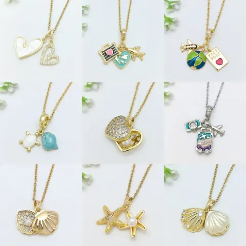 Collana con Ciondolo in Acciaio Inossidabile Zirconia per Donna Tema Viaggio Aereo Valigia Cuore Stella Marina Gioielli con Perle Artificiali