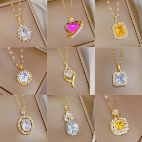 Collana a Catena Clavicola in Rame Zirconia Acciaio Inossidabile di Lusso per Donna Pendente in Vetro Geometrico Gioielli da Festa