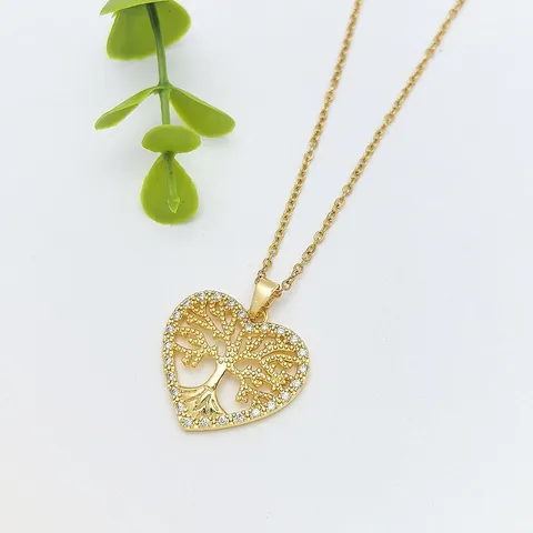 Elegante Catena in Acciaio Inossidabile Ciondolo Albero della Vita in Rame Zirconia Collana Girocollo Geometrico Tondo Cuore Moda Donna Gioielli