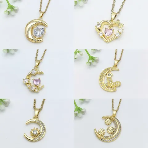 Collana Con Pendente Luna Cuore Da Donna In Acciaio Inossidabile Rame Placcato Oro Zirconia Gioielli Catena Clavicola