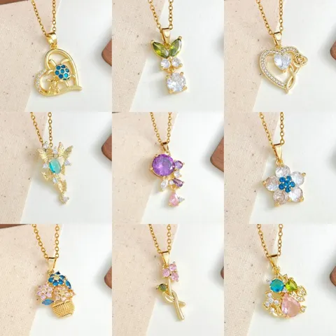Collana con Ciondolo in Acciaio Inossidabile Rame Zirconia Fiore Animale Cuore Placcato Oro Gioielli Versatili da Donna