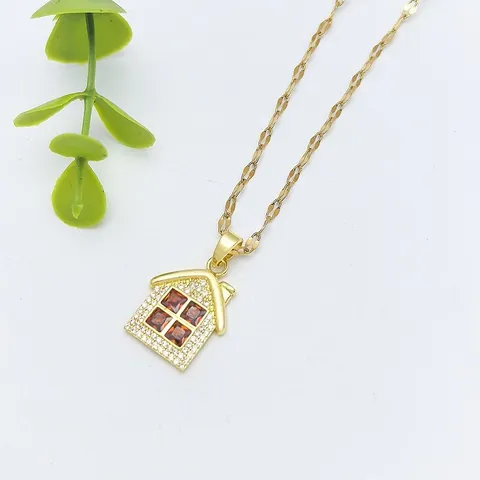 Collana con Ciondolo a Casa in Rame di Lusso alla Moda per Donna Placcata in Oro con Zirconia Catena a Clavicola Gioielli