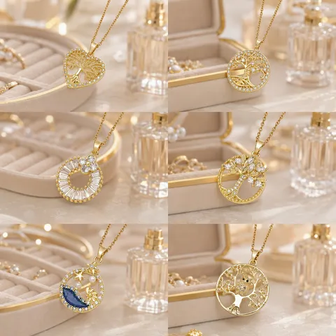 Elegante Catena in Acciaio Inossidabile Ciondolo Albero della Vita in Rame Zirconia Collana Girocollo Geometrico Tondo Cuore Moda Donna Gioielli