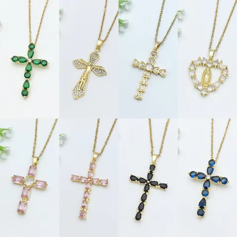 Collana da Donna in Acciaio Inossidabile con Pendente a Croce in Zirconia Lusso Leggero Micro-intarsiata Cuore Religioso Vergine Maria Gioielli