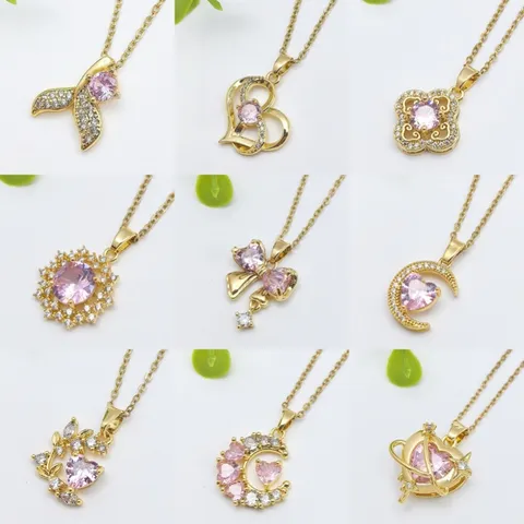 Elegante Collana con Ciondolo in Zirconia Rosa in Acciaio Inossidabile per Donna Cuore Luna Coda di Sirena Gioielli