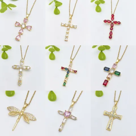 Collana con Croce in Acciaio Inossidabile Placcato Oro Zirconia Ciondolo Libellula Accessorio per Donna Gioielli di Moda