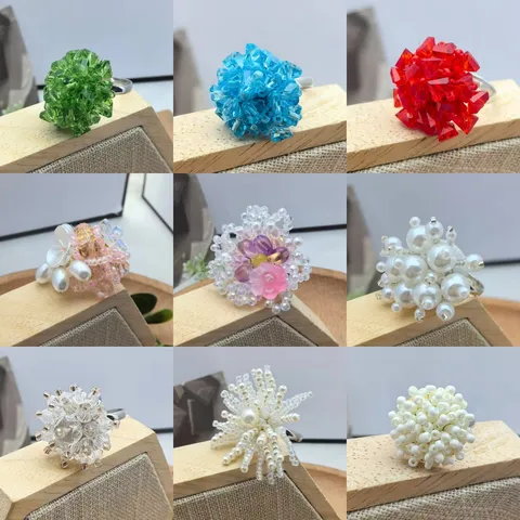 Anello a Fiore in Vetro Cristallo Con Perline Fatto a Mano per Donna Anello Aperto con Perla Artificiale Gioielli di Moda