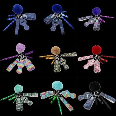 Set Portachiavi per la Sicurezza Personale Autodifesa per Donna Con Kubotan in Alluminio Fischietto Apribottiglie Porta Disinfettante Mani Cinturino da Polso Pompon
