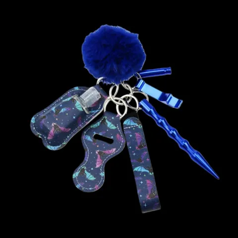 Set Portachiavi per la Sicurezza Personale Autodifesa per Donna Con Kubotan in Alluminio Fischietto Apribottiglie Porta Disinfettante Mani Cinturino da Polso Pompon