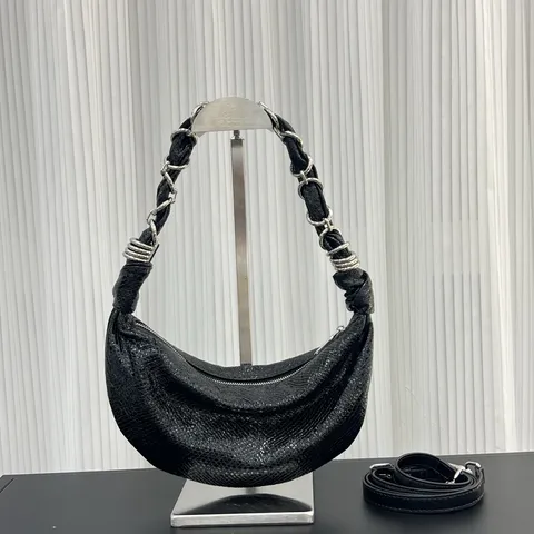 Vintage Sequins Cowhide Leather Underarm Bag Fashion Chain Half Moon Dumpling Shoulder Crossbody Bag For Women