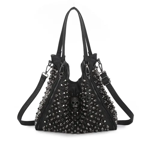 Bolso Tote de Cuero PU Estilo Punk para Mujer Negro Remache Calavera Gran Capacidad Bandolera
