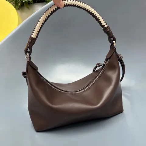 Genuine Leather Hobo Underarm Bag Handcrafted Woven Handle Solid Color Zipper Closure Fashion Casual Shoulder Bag For Women
