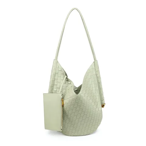 Women Soft Woven Tote Bag Large Capacity Diamond Lattice PU Leather Shoulder Bag Casual Daily Handbag With Pouch