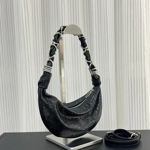Vintage Sequins Cowhide Leather Underarm Bag Fashion Chain Half Moon Dumpling Shoulder Crossbody Bag For Women