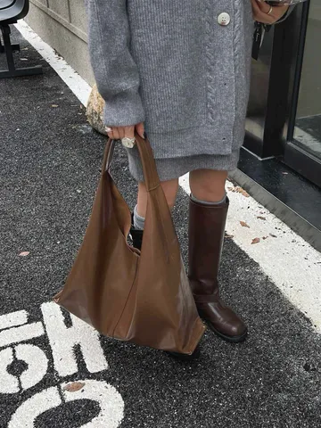Minimalist Large Capacity Genuine Leather Tote Bag Women Soft Oil Wax Leather Shoulder Bag Casual Commuter Handbag