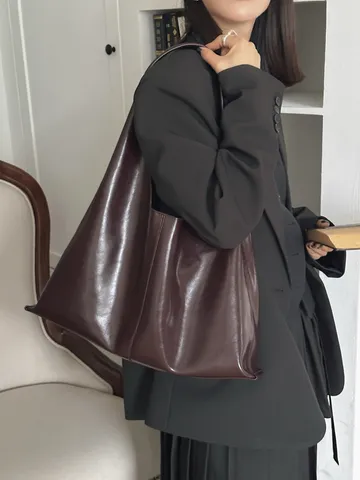 Minimalist Large Capacity Genuine Leather Tote Bag Women Soft Oil Wax Leather Shoulder Bag Casual Commuter Handbag