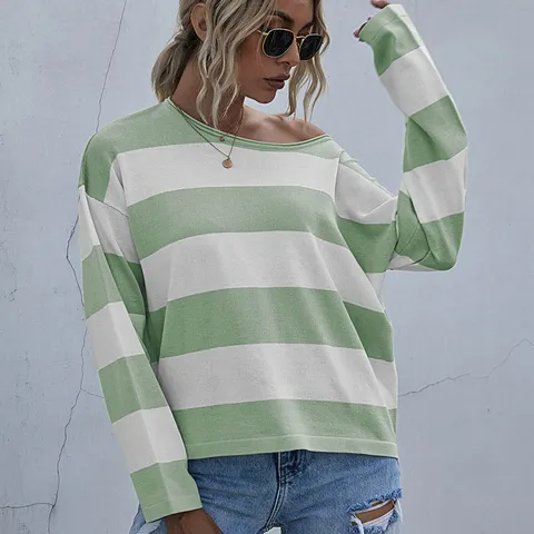 Suéter Casual de Poliester para Mujer Rayado Corte Suelto Bloque de Color Cuello Redondo Pullover Manga Larga Empalmado Tejido para Otoño Invierno