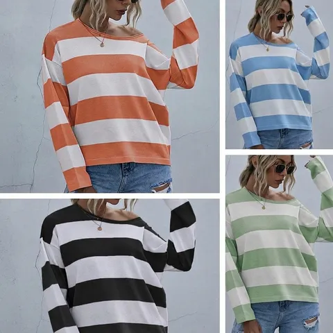 Suéter Casual de Poliester para Mujer Rayado Corte Suelto Bloque de Color Cuello Redondo Pullover Manga Larga Empalmado Tejido para Otoño Invierno